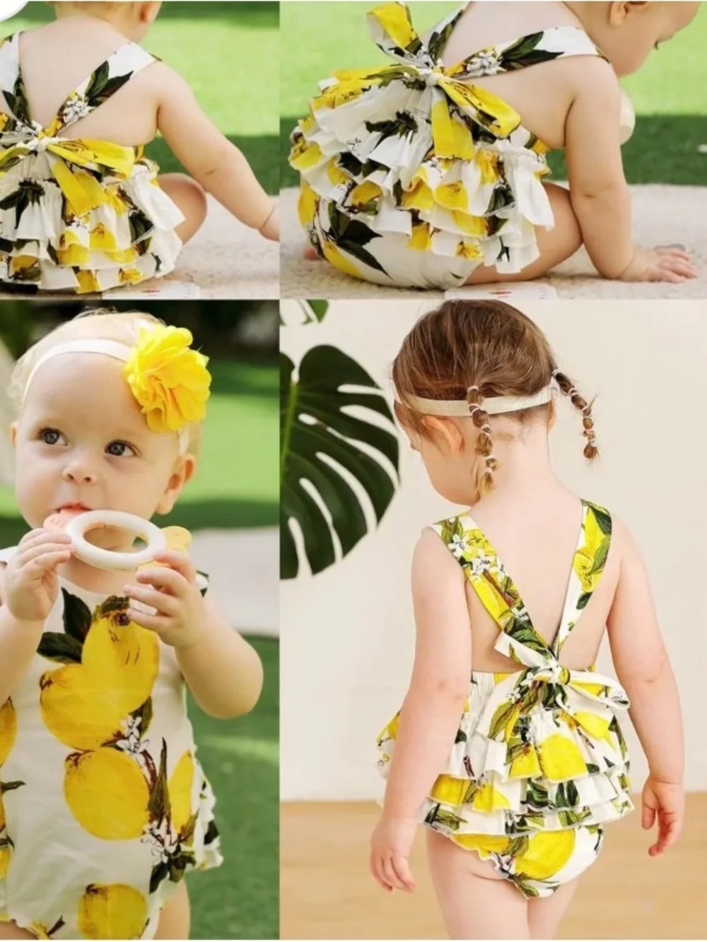 Kids Lemon Print Tie-Shoulder Romper - Yellow